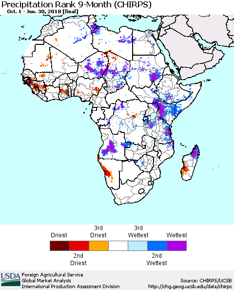 Africa Precipitation Rank since 1981, 9-Month (CHIRPS) Thematic Map For 10/1/2017 - 6/30/2018