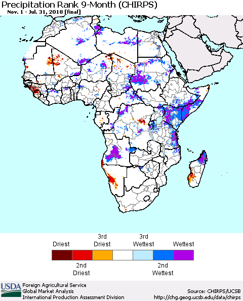 Africa Precipitation Rank since 1981, 9-Month (CHIRPS) Thematic Map For 11/1/2017 - 7/31/2018