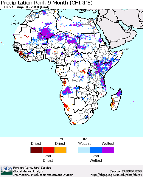 Africa Precipitation Rank since 1981, 9-Month (CHIRPS) Thematic Map For 12/1/2017 - 8/31/2018