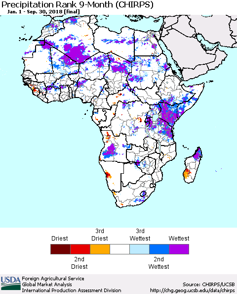 Africa Precipitation Rank since 1981, 9-Month (CHIRPS) Thematic Map For 1/1/2018 - 9/30/2018