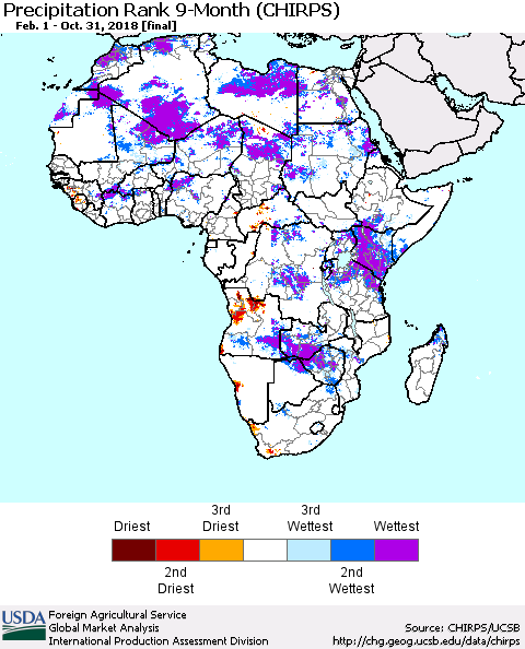 Africa Precipitation Rank since 1981, 9-Month (CHIRPS) Thematic Map For 2/1/2018 - 10/31/2018