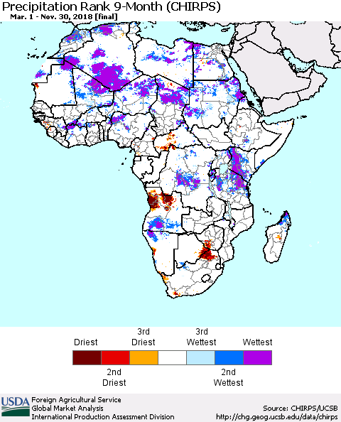 Africa Precipitation Rank since 1981, 9-Month (CHIRPS) Thematic Map For 3/1/2018 - 11/30/2018