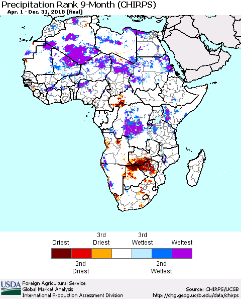 Africa Precipitation Rank since 1981, 9-Month (CHIRPS) Thematic Map For 4/1/2018 - 12/31/2018