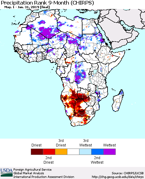 Africa Precipitation Rank since 1981, 9-Month (CHIRPS) Thematic Map For 5/1/2018 - 1/31/2019