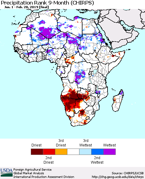 Africa Precipitation Rank since 1981, 9-Month (CHIRPS) Thematic Map For 6/1/2018 - 2/28/2019