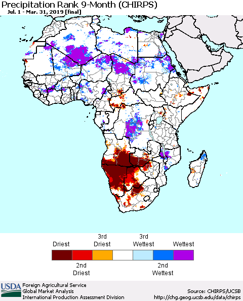 Africa Precipitation Rank since 1981, 9-Month (CHIRPS) Thematic Map For 7/1/2018 - 3/31/2019