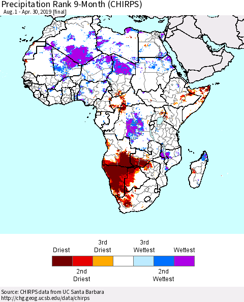 Africa Precipitation Rank since 1981, 9-Month (CHIRPS) Thematic Map For 8/1/2018 - 4/30/2019
