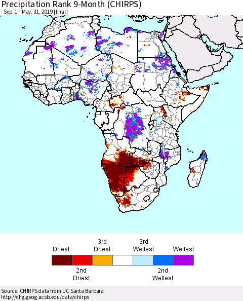 Africa Precipitation Rank since 1981, 9-Month (CHIRPS) Thematic Map For 9/1/2018 - 5/31/2019