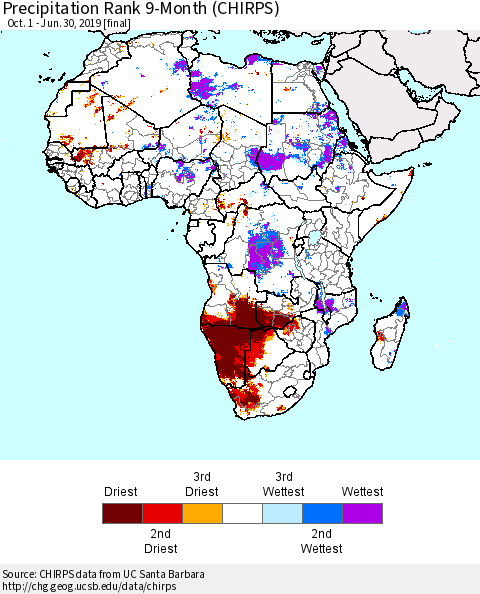 Africa Precipitation Rank since 1981, 9-Month (CHIRPS) Thematic Map For 10/1/2018 - 6/30/2019
