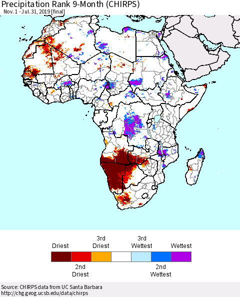 Africa Precipitation Rank since 1981, 9-Month (CHIRPS) Thematic Map For 11/1/2018 - 7/31/2019