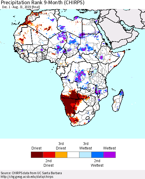 Africa Precipitation Rank since 1981, 9-Month (CHIRPS) Thematic Map For 12/1/2018 - 8/31/2019