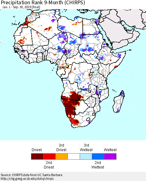 Africa Precipitation Rank since 1981, 9-Month (CHIRPS) Thematic Map For 1/1/2019 - 9/30/2019