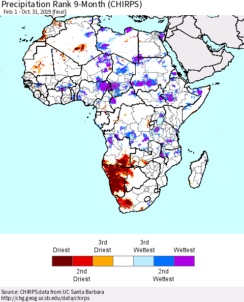 Africa Precipitation Rank since 1981, 9-Month (CHIRPS) Thematic Map For 2/1/2019 - 10/31/2019