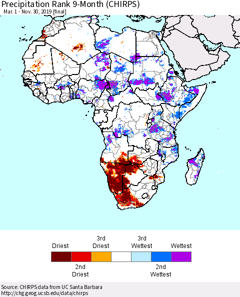 Africa Precipitation Rank since 1981, 9-Month (CHIRPS) Thematic Map For 3/1/2019 - 11/30/2019