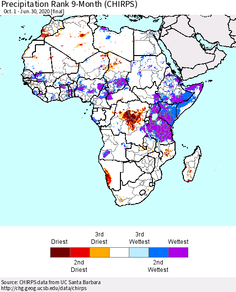 Africa Precipitation Rank since 1981, 9-Month (CHIRPS) Thematic Map For 10/1/2019 - 6/30/2020