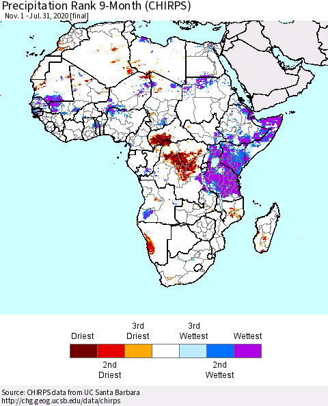 Africa Precipitation Rank since 1981, 9-Month (CHIRPS) Thematic Map For 11/1/2019 - 7/31/2020