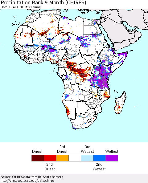 Africa Precipitation Rank since 1981, 9-Month (CHIRPS) Thematic Map For 12/1/2019 - 8/31/2020