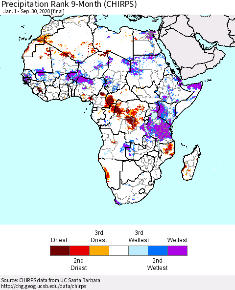 Africa Precipitation Rank since 1981, 9-Month (CHIRPS) Thematic Map For 1/1/2020 - 9/30/2020