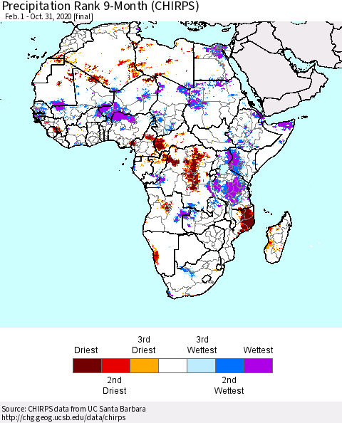Africa Precipitation Rank since 1981, 9-Month (CHIRPS) Thematic Map For 2/1/2020 - 10/31/2020