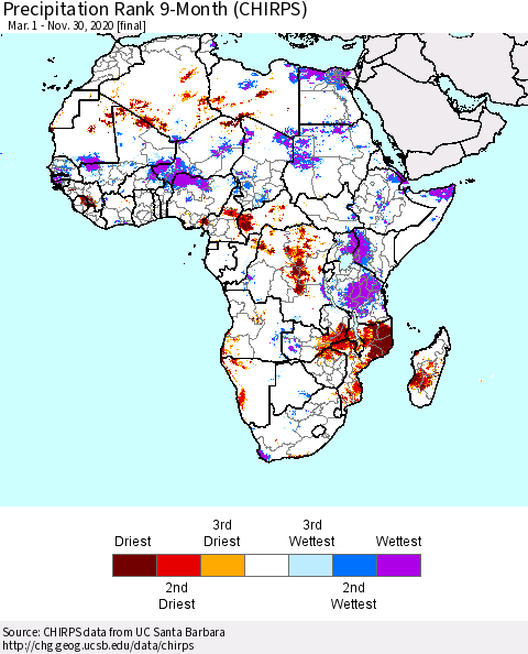 Africa Precipitation Rank since 1981, 9-Month (CHIRPS) Thematic Map For 3/1/2020 - 11/30/2020