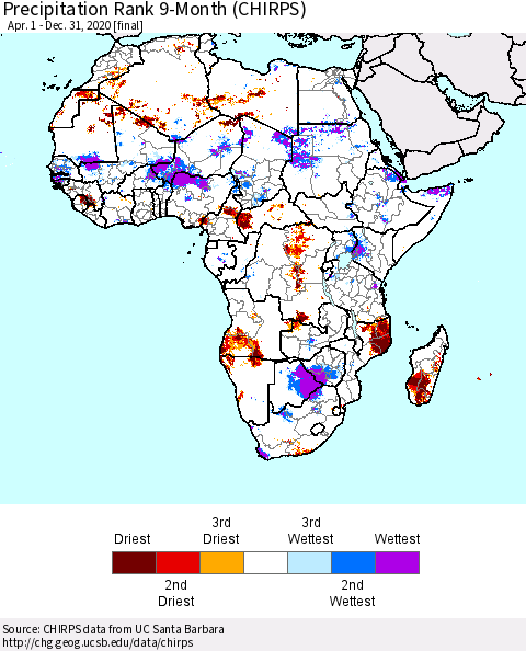 Africa Precipitation Rank 9-Month (CHIRPS) Thematic Map For 4/1/2020 - 12/31/2020