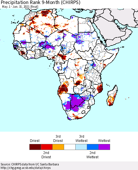 Africa Precipitation Rank 9-Month (CHIRPS) Thematic Map For 5/1/2020 - 1/31/2021