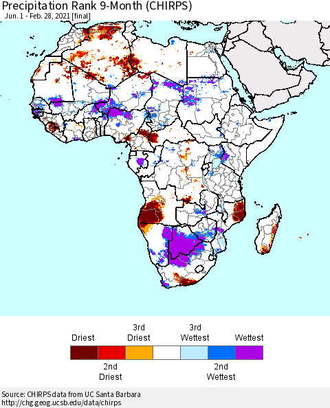 Africa Precipitation Rank 9-Month (CHIRPS) Thematic Map For 6/1/2020 - 2/28/2021