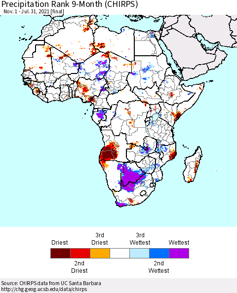 Africa Precipitation Rank since 1981, 9-Month (CHIRPS) Thematic Map For 11/1/2020 - 7/31/2021