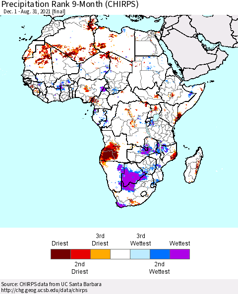 Africa Precipitation Rank 9-Month (CHIRPS) Thematic Map For 12/1/2020 - 8/31/2021