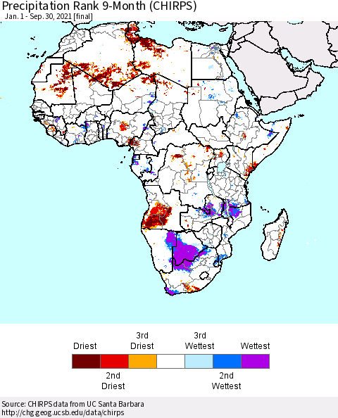 Africa Precipitation Rank 9-Month (CHIRPS) Thematic Map For 1/1/2021 - 9/30/2021