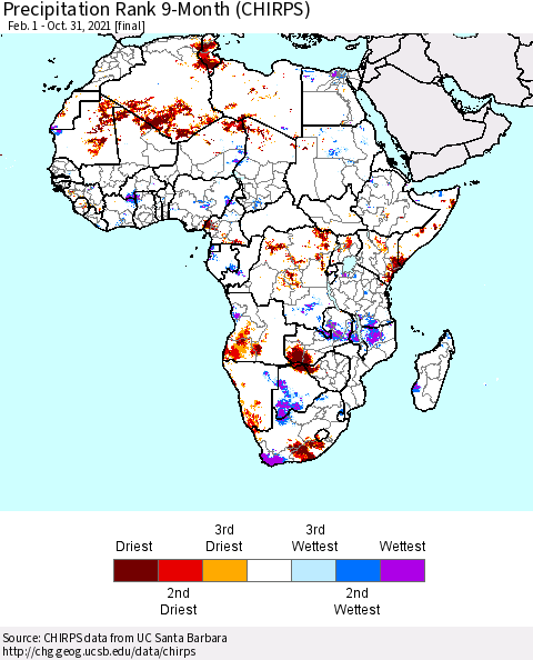 Africa Precipitation Rank 9-Month (CHIRPS) Thematic Map For 2/1/2021 - 10/31/2021