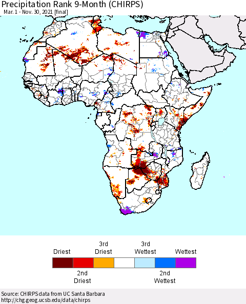 Africa Precipitation Rank 9-Month (CHIRPS) Thematic Map For 3/1/2021 - 11/30/2021
