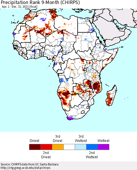 Africa Precipitation Rank 9-Month (CHIRPS) Thematic Map For 4/1/2021 - 12/31/2021