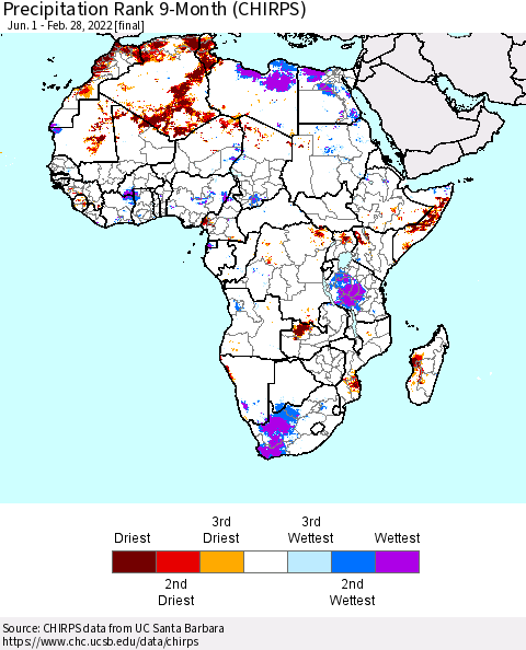 Africa Precipitation Rank 9-Month (CHIRPS) Thematic Map For 6/1/2021 - 2/28/2022