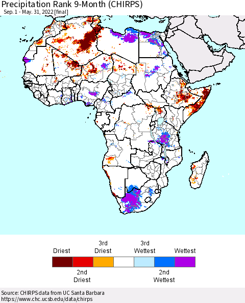 Africa Precipitation Rank 9-Month (CHIRPS) Thematic Map For 9/1/2021 - 5/31/2022