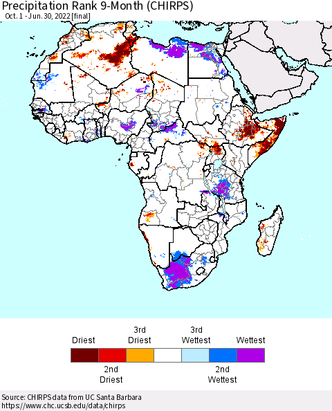 Africa Precipitation Rank 9-Month (CHIRPS) Thematic Map For 10/1/2021 - 6/30/2022