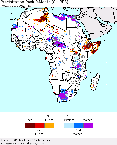 Africa Precipitation Rank 9-Month (CHIRPS) Thematic Map For 11/1/2021 - 7/31/2022
