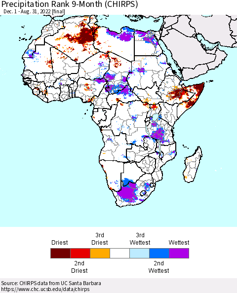 Africa Precipitation Rank since 1981, 9-Month (CHIRPS) Thematic Map For 12/1/2021 - 8/31/2022