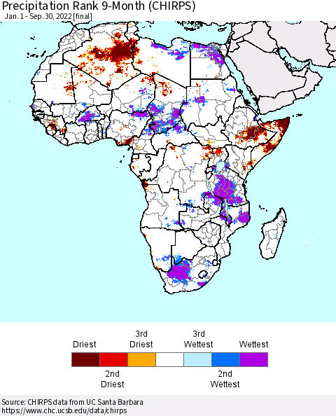 Africa Precipitation Rank 9-Month (CHIRPS) Thematic Map For 1/1/2022 - 9/30/2022