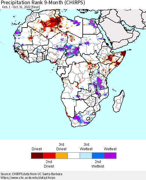 Africa Precipitation Rank since 1981, 9-Month (CHIRPS) Thematic Map For 2/1/2022 - 10/31/2022
