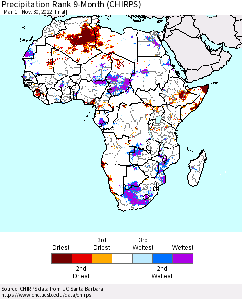 Africa Precipitation Rank since 1981, 9-Month (CHIRPS) Thematic Map For 3/1/2022 - 11/30/2022