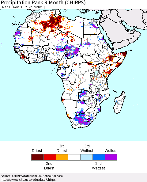 Africa Precipitation Rank 9-Month (CHIRPS) Thematic Map For 3/1/2022 - 11/30/2022