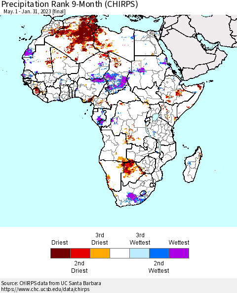 Africa Precipitation Rank 9-Month (CHIRPS) Thematic Map For 5/1/2022 - 1/31/2023