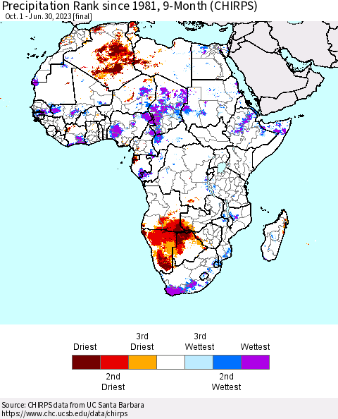 Africa Precipitation Rank since 1981, 9-Month (CHIRPS) Thematic Map For 10/1/2022 - 6/30/2023