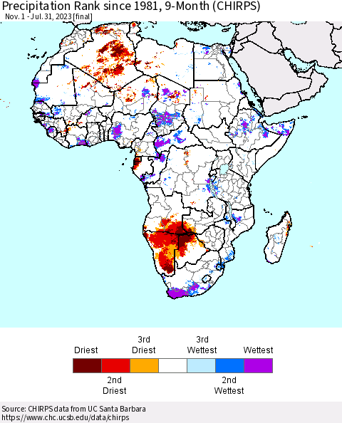 Africa Precipitation Rank since 1981, 9-Month (CHIRPS) Thematic Map For 11/1/2022 - 7/31/2023