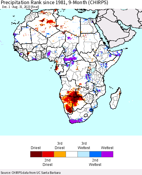Africa Precipitation Rank since 1981, 9-Month (CHIRPS) Thematic Map For 12/1/2022 - 8/31/2023