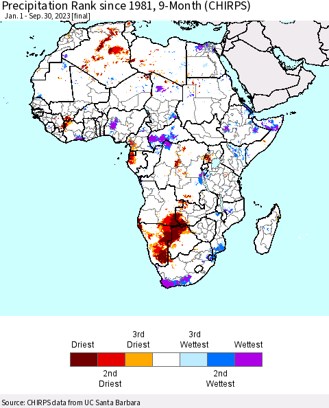 Africa Precipitation Rank since 1981, 9-Month (CHIRPS) Thematic Map For 1/1/2023 - 9/30/2023