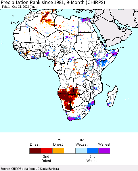 Africa Precipitation Rank since 1981, 9-Month (CHIRPS) Thematic Map For 2/1/2023 - 10/31/2023