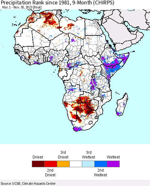 Africa Precipitation Rank since 1981, 9-Month (CHIRPS) Thematic Map For 3/1/2023 - 11/30/2023
