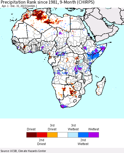Africa Precipitation Rank since 1981, 9-Month (CHIRPS) Thematic Map For 4/1/2023 - 12/31/2023